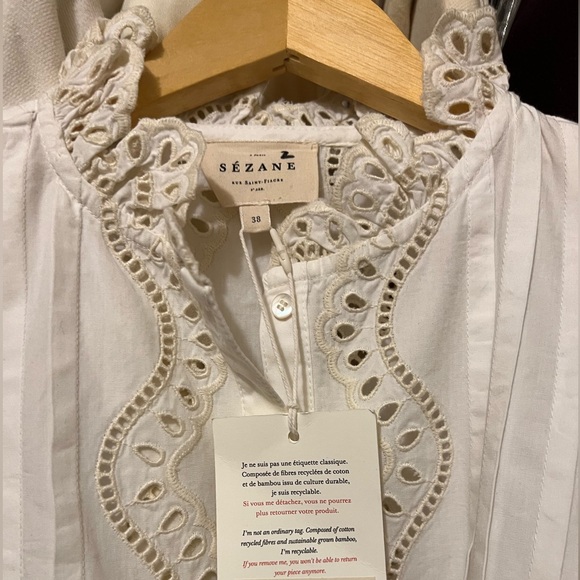 Sezane Blouse Francoise Shirt Embroidered Eyelet Romantic Button Ruffle Top US 6 - Picture 7 of 8